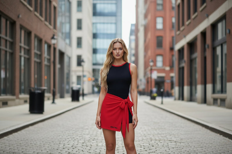 A chic in the middle of a city street with her red bodysuit dress