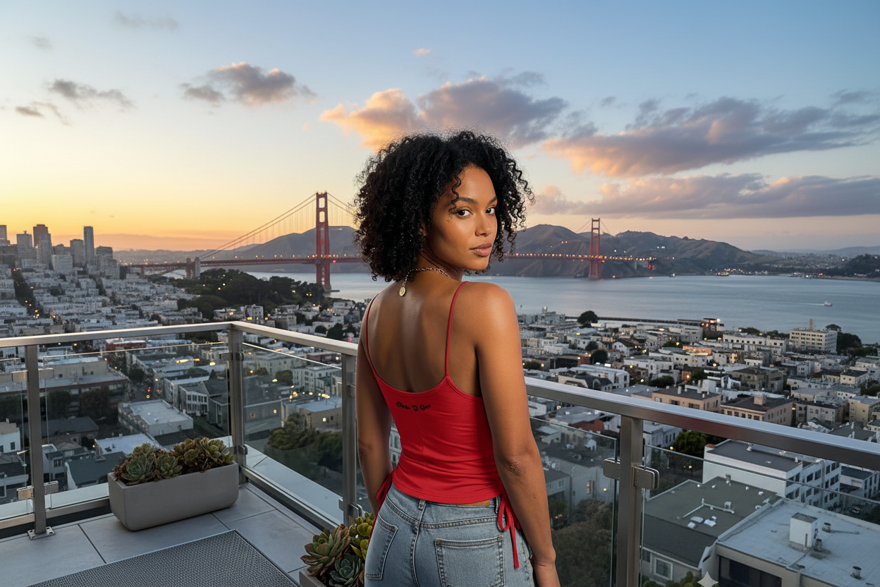 A woman on a barcony with the Chic D'Bar spaghetti strap shirt and the Golden Bridge is in the background