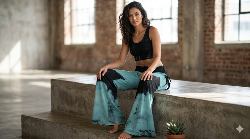 A woman sitting on a concrete wall with the Chic D'Bar Bat Woman design pants