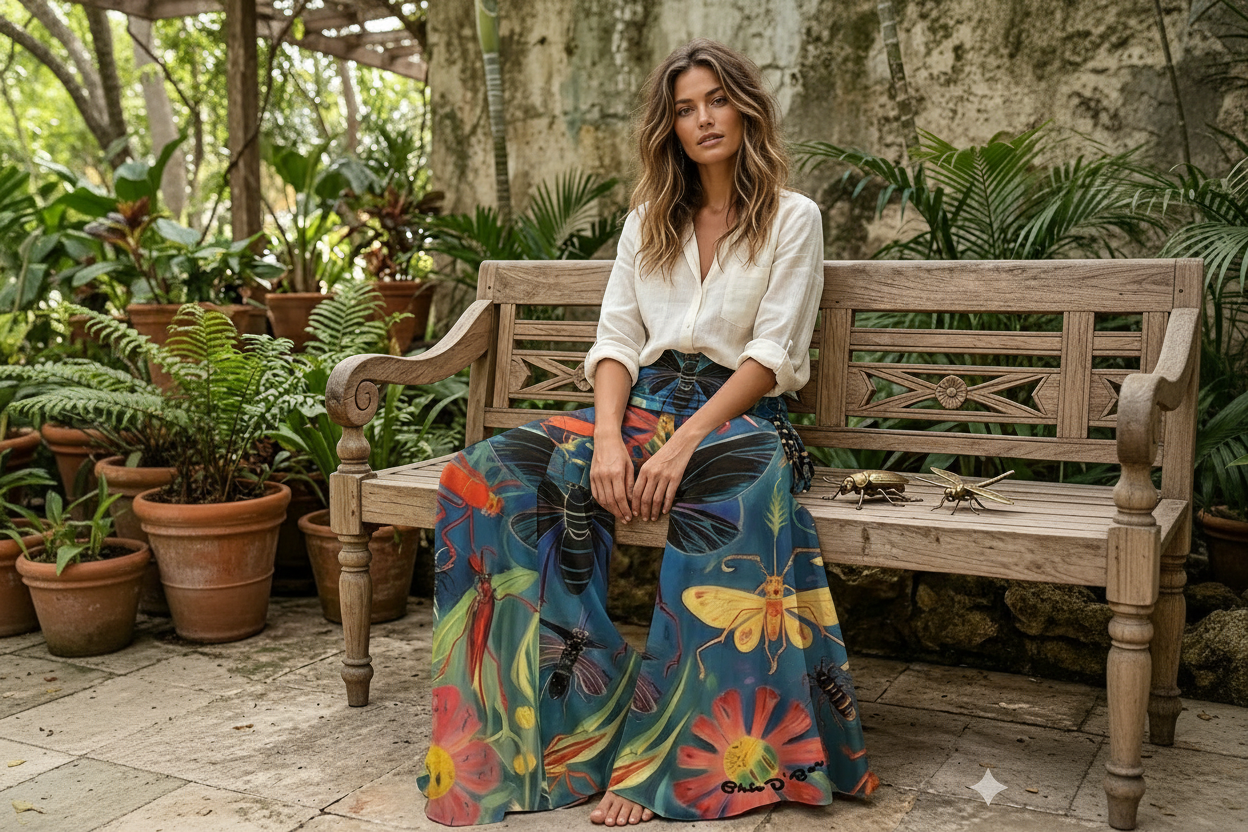 A woman sitting on a bench with the blue butterfly design pants