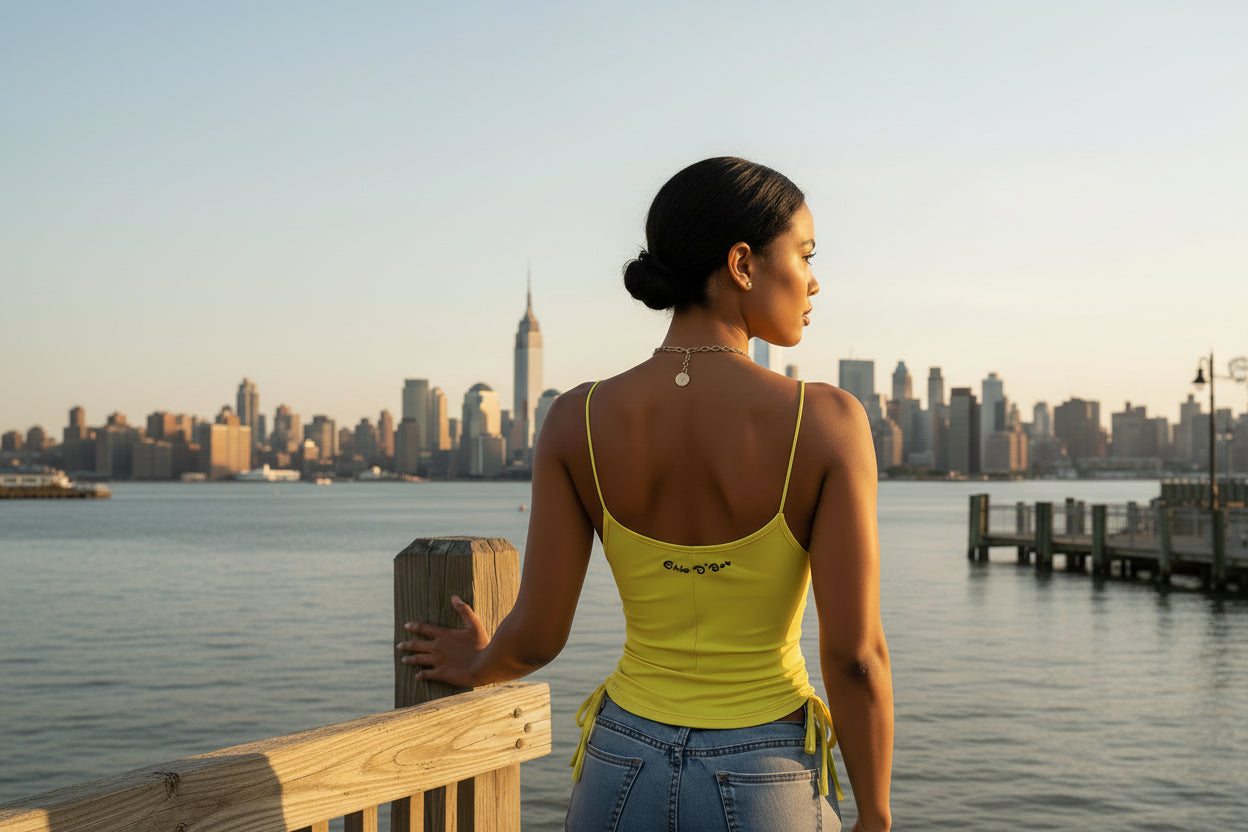 Woman in a yellow straw string top standing by a waterfront with a city skyline in the background
