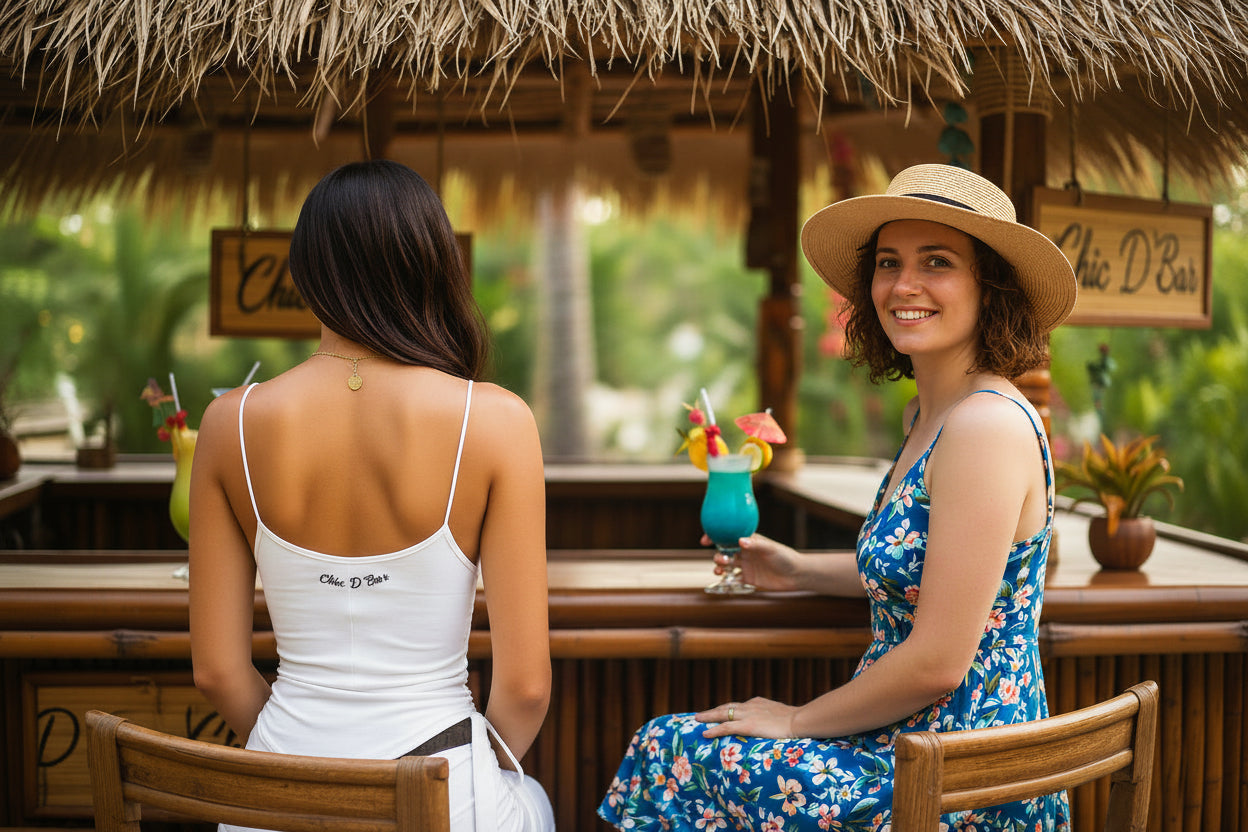 Two women sitting at a bar with drinks, one wearing a white straw string top and the other in a floral dress and hat.