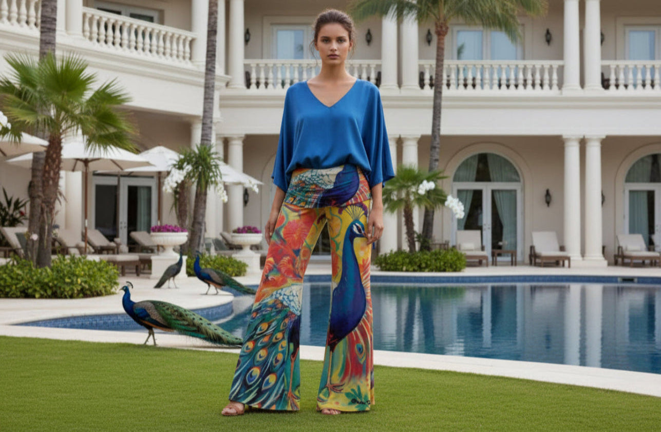 Woman wearing colorful peacock-patterned pants and a blue top in front of a luxurious poolside building.