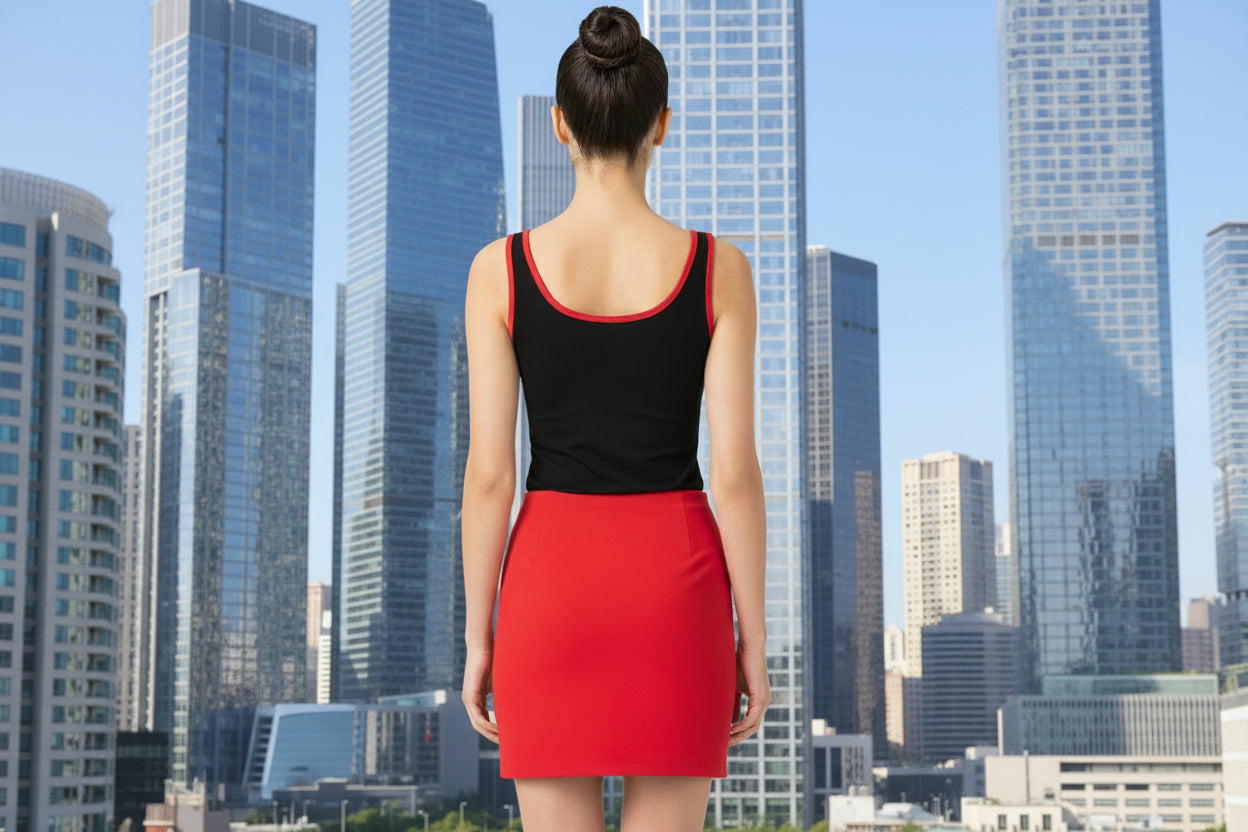 Person wearing a black and red bodysuit and a red skirt with a city in the background