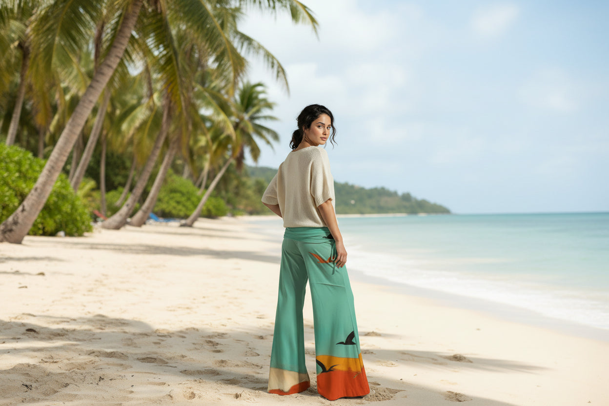 Woman in teal swan pants design and beige top standing on a beach with ocean view