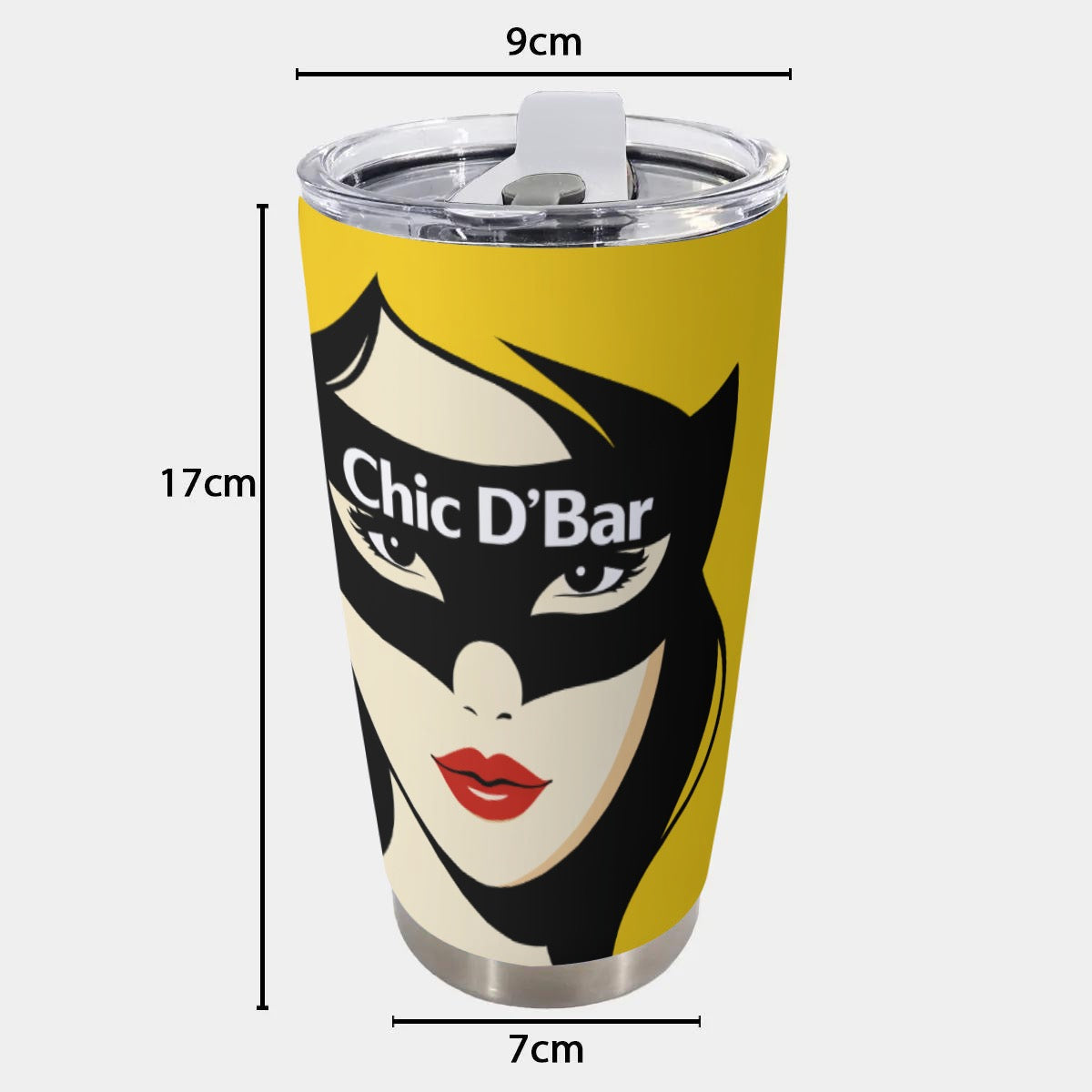 Tumbler with a face design and 'Chic D'Bar' text, shown with dimensions on a white background.