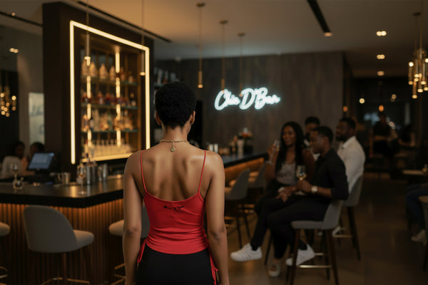 Woman in a red top standing in a bar with neon sign 'Chic D'Bar' in the background