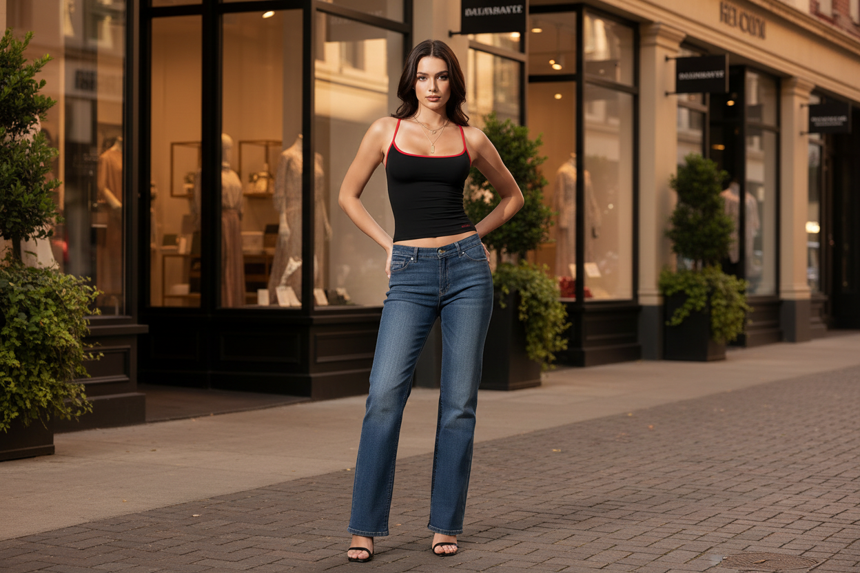 Woman in black top and blue jeans standing on a city street with shops in the background