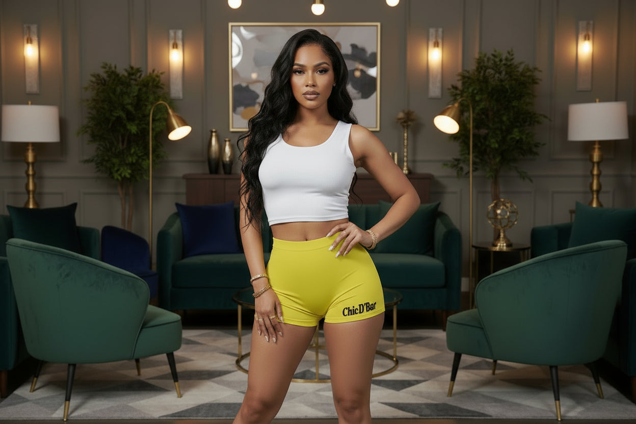 Woman in a white crop top and yellow shorts with Chic D'Bar logo standing in a stylish room with green chairs and decorative lamps.