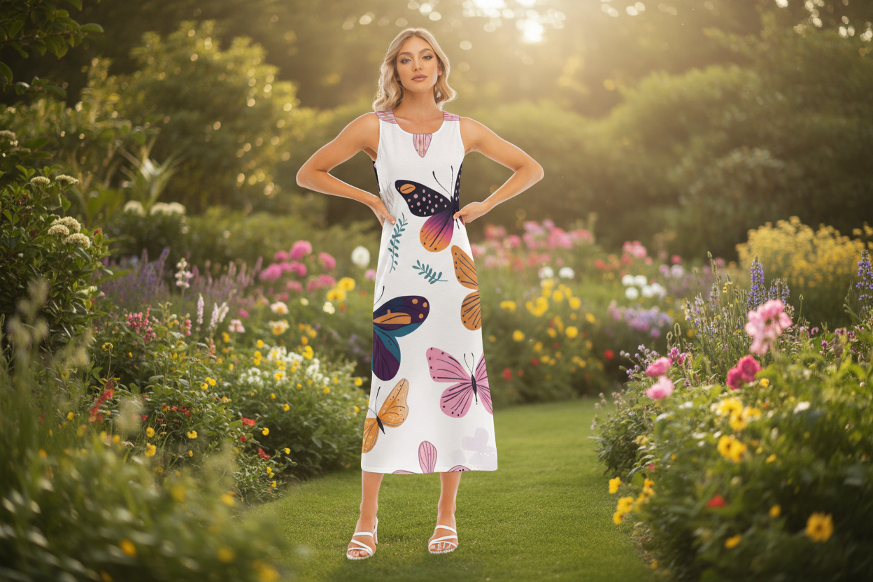 A woman in a garden with a butterfly dress.