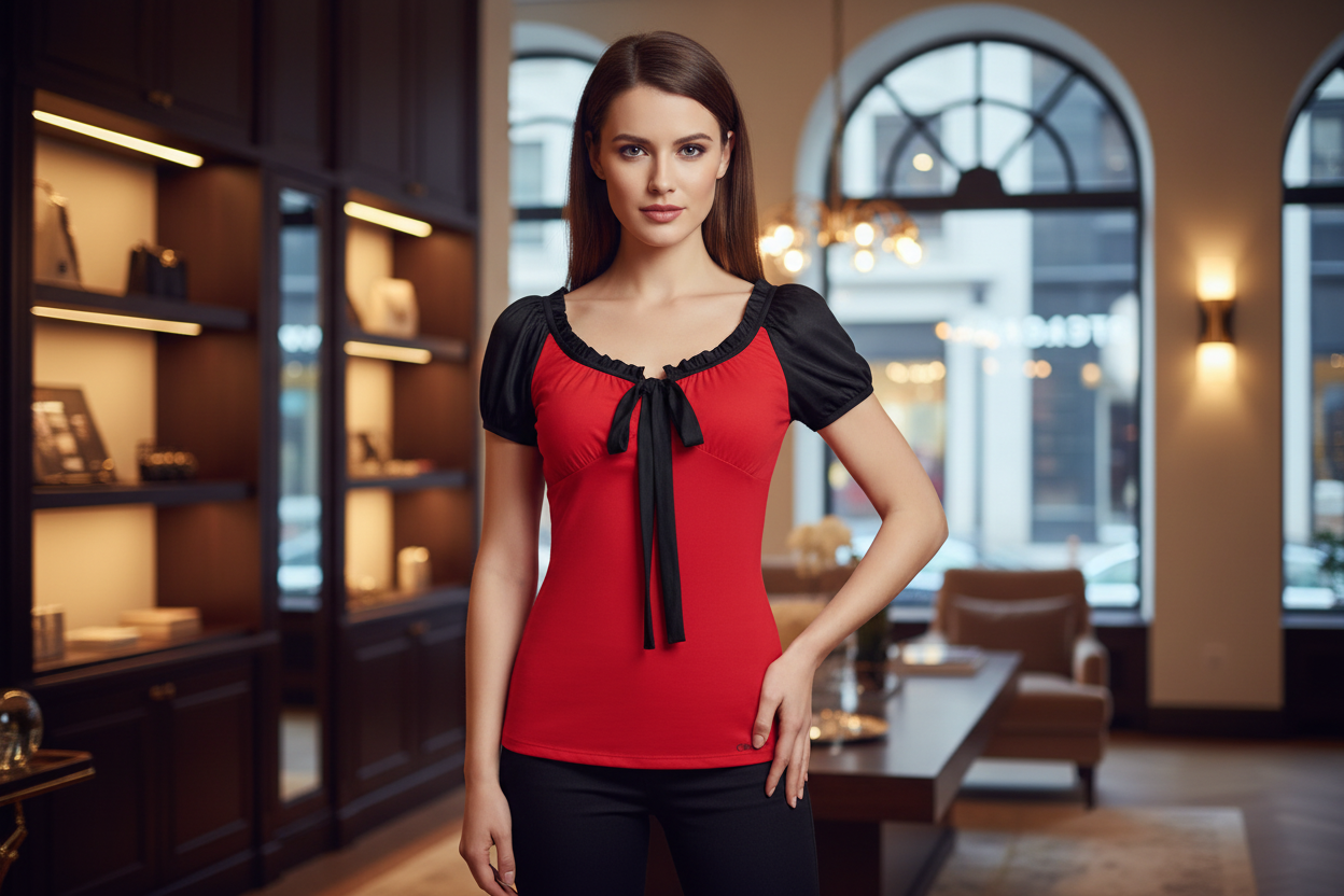 Woman wearing a red and black top in an elegant interior setting