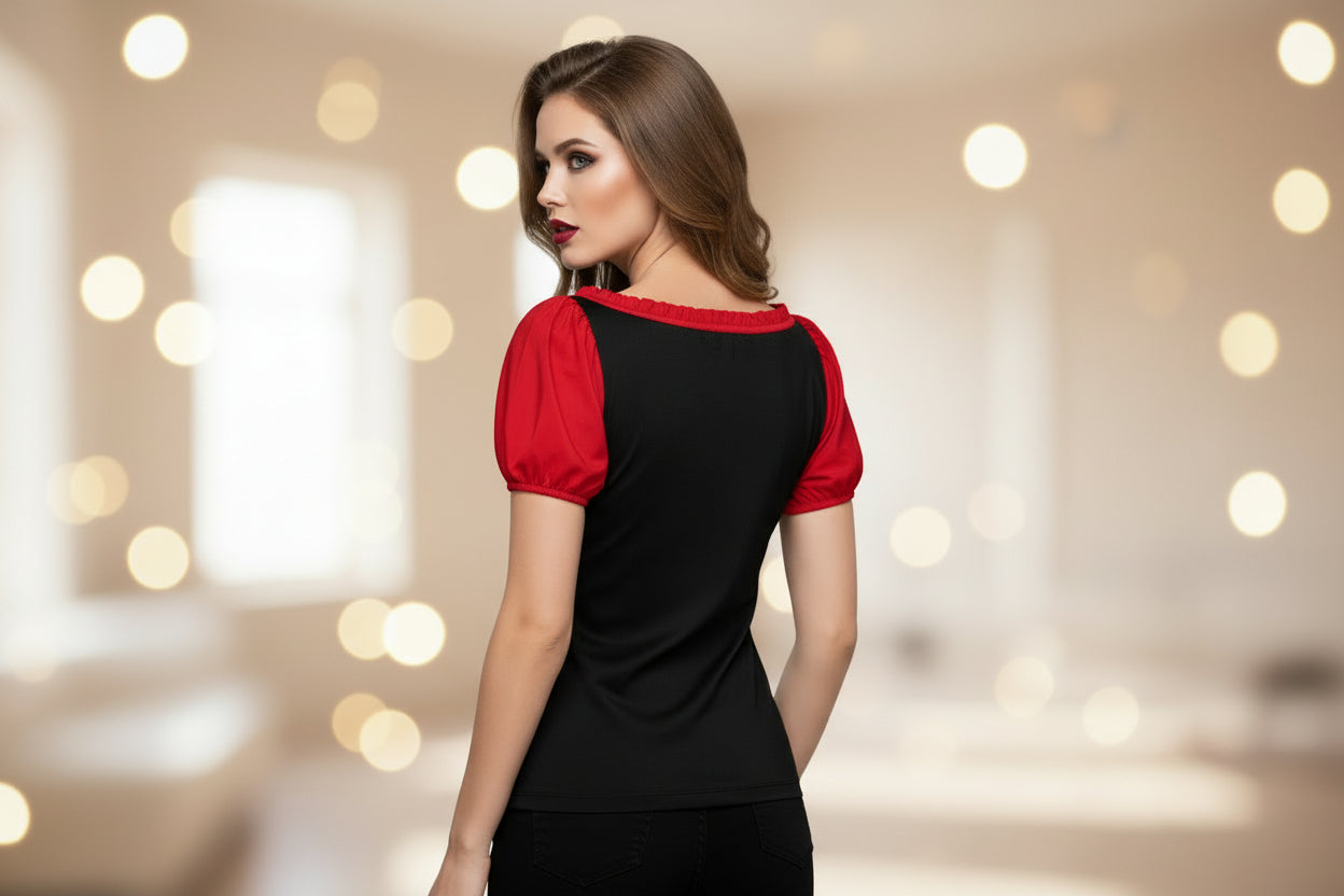 Red Puff Sleeve Pleated Shirt