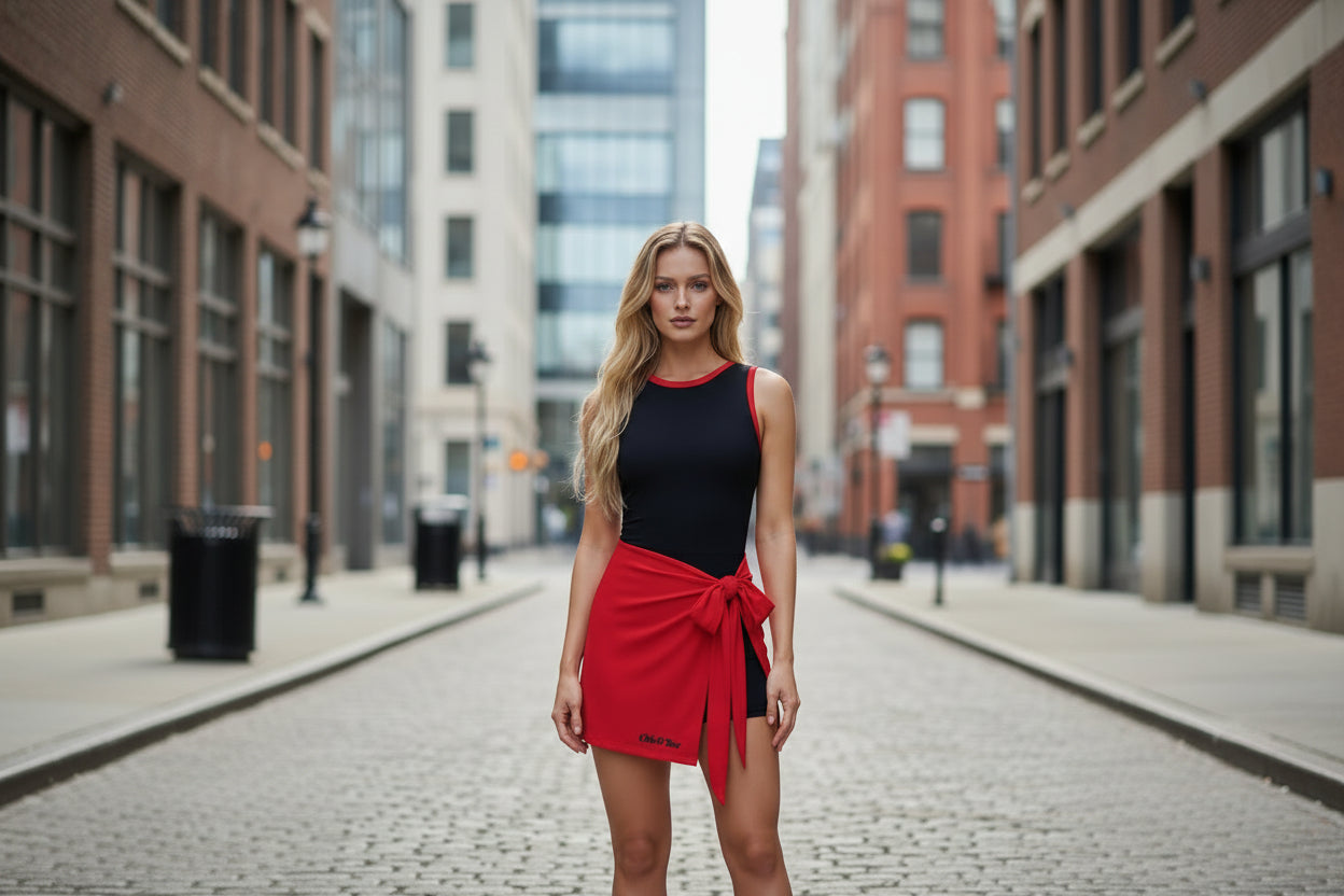 Woman in a black and bodysuit with skirt standing on a city street with buildings in the background