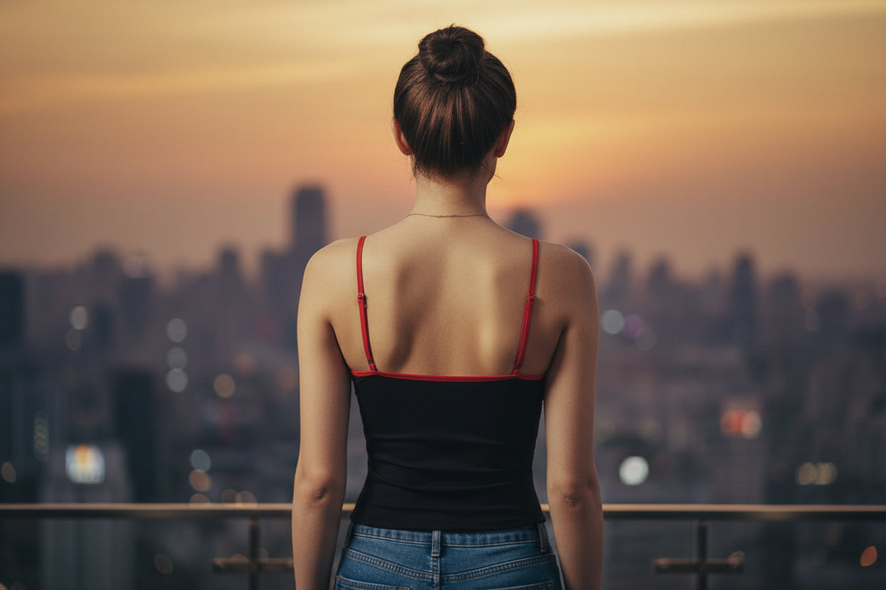 Person wearing a black tank top with red straps and blue jeans on a beige background