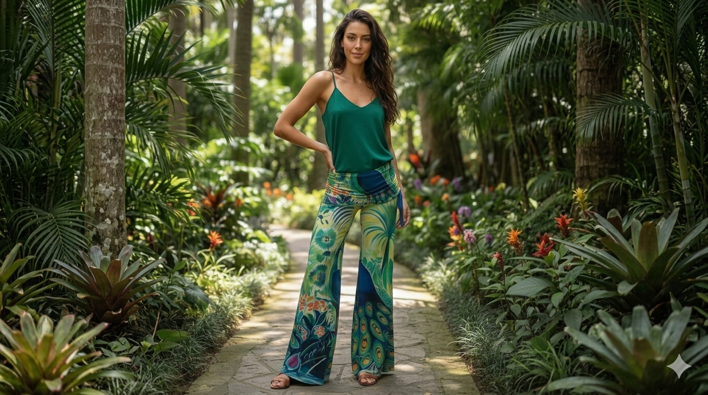 Woman in a green top and colorful peacock pants standing in a tropical garden.