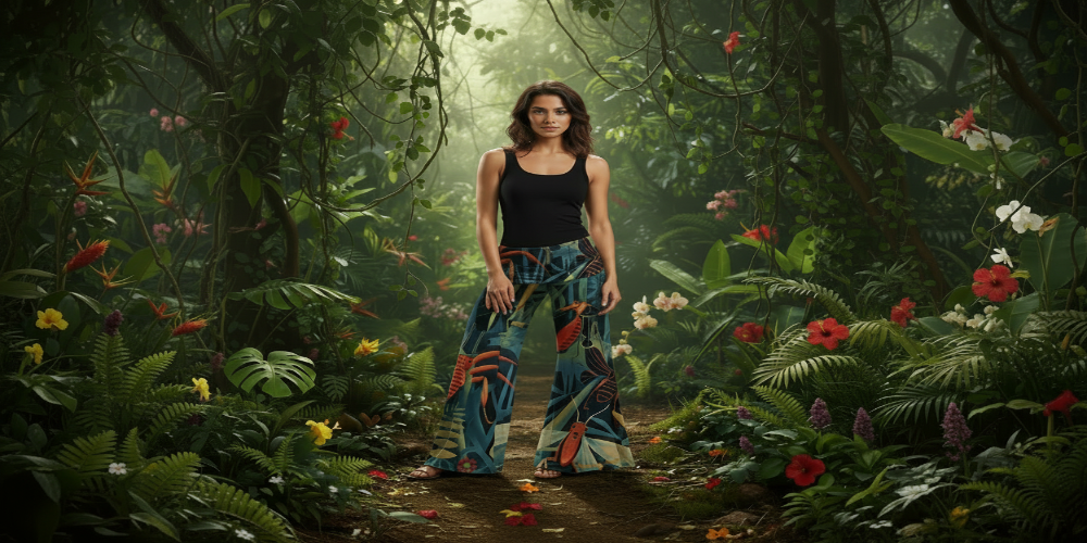 A woman wearing the black butterfly pants in a garden with roses