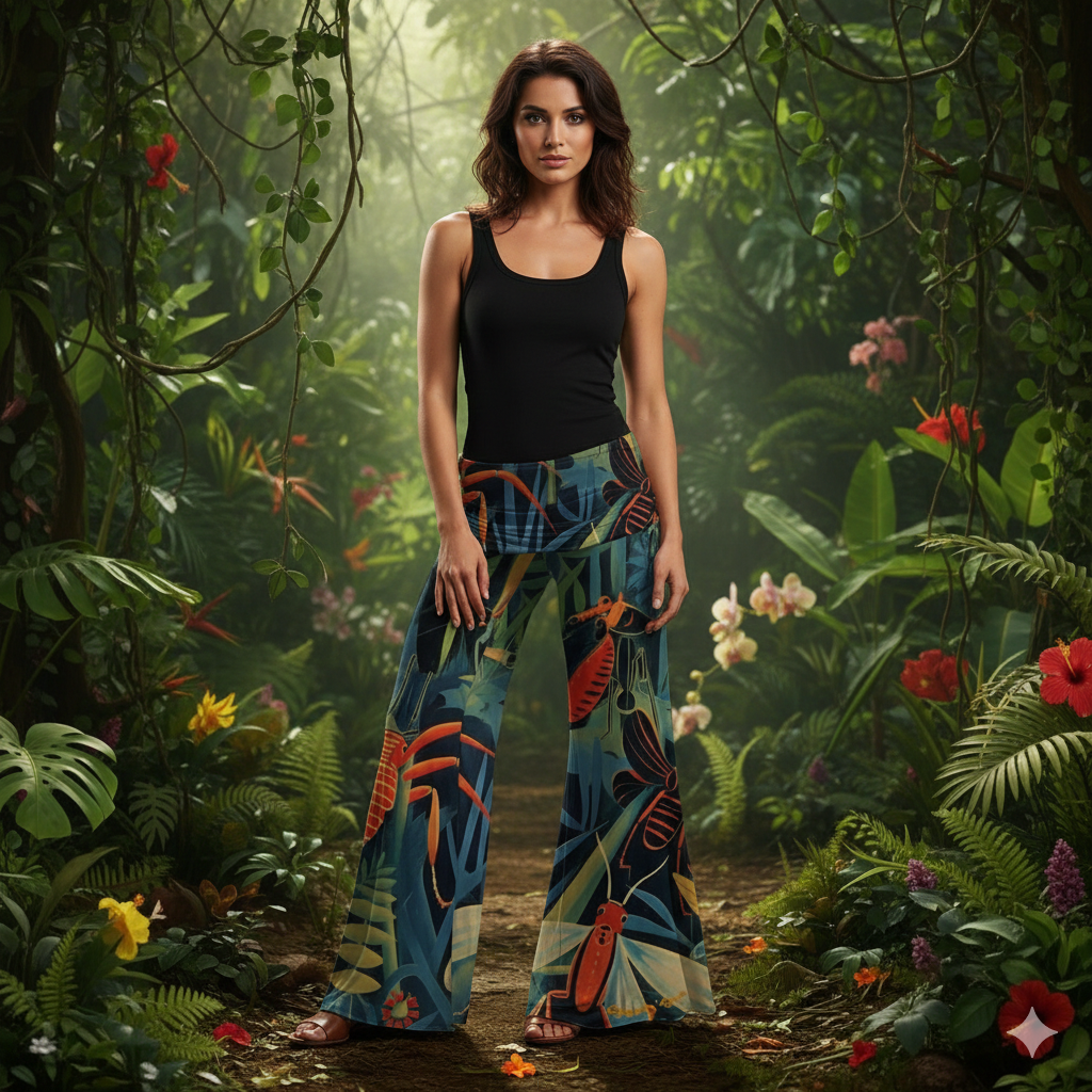 Woman in a black top and colorful butterfly pants standing in a lush, tropical forest.