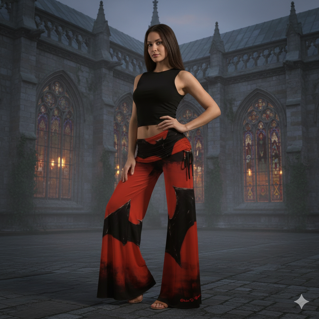 Woman in black and red bat woman pants standing in a cathedral with stained glass windows