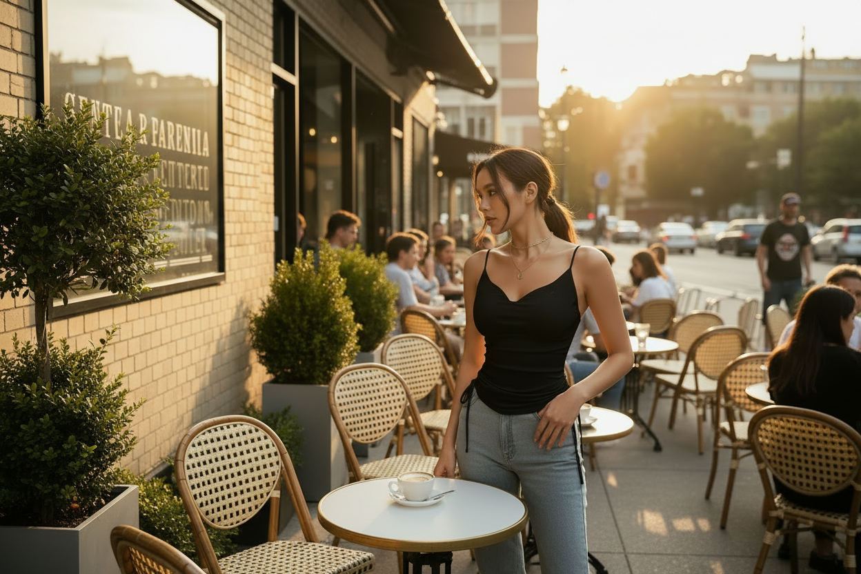 Woman in a black top standing outdoors near a cafe with people sitting at tables.