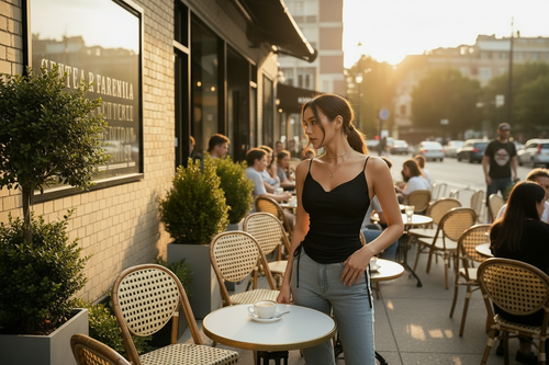 Woman in a black top standing outdoors near a cafe with people sitting at tables.