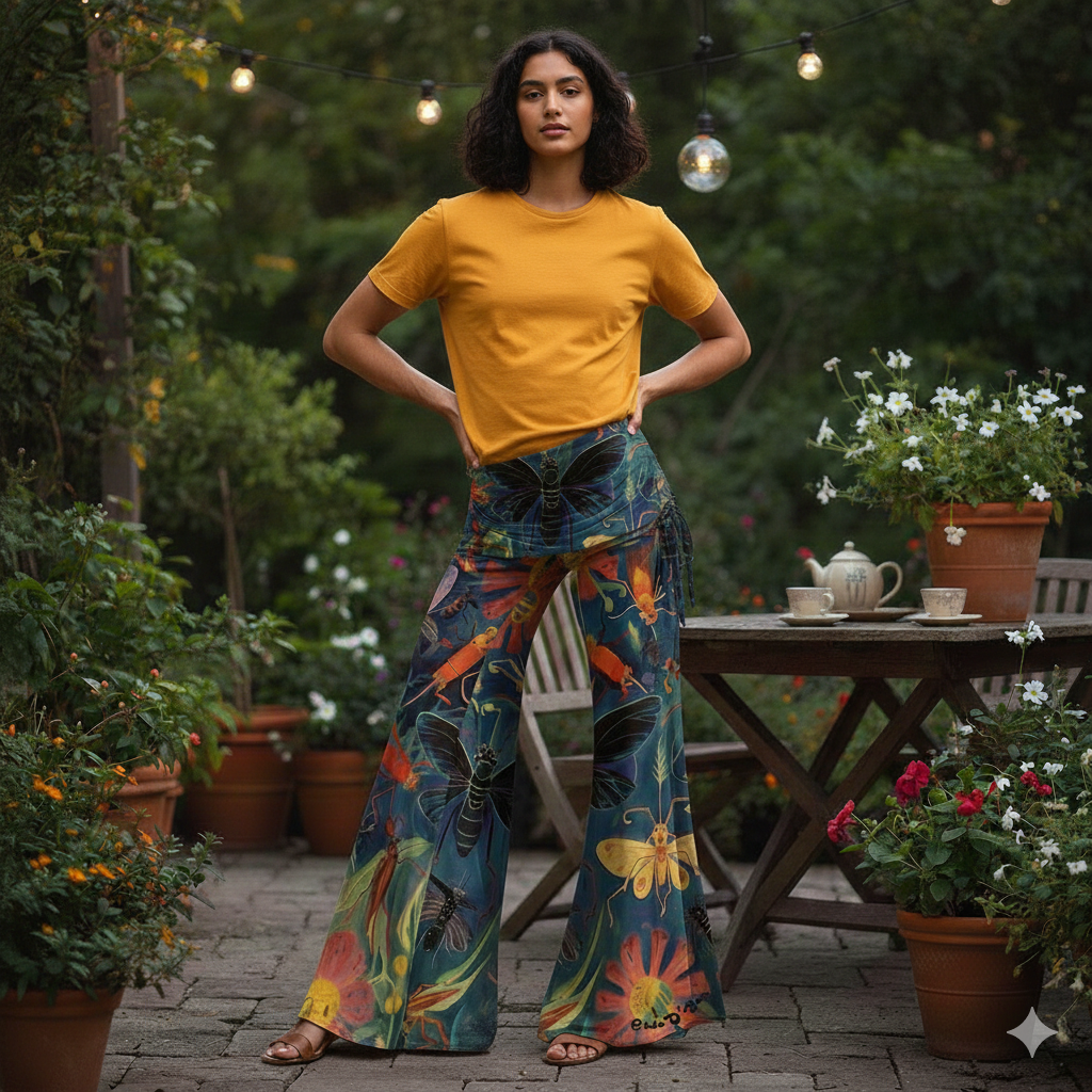 A woman standing in a patio with the blue butterfly pants
