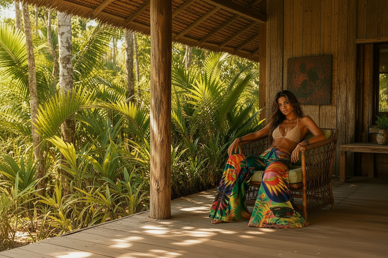 Woman sitting in a wicker chair on a wooden deck surrounded by tropical plants.