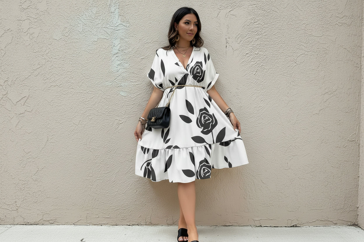 A woman standing on against the wall with a short floral black and white design dress