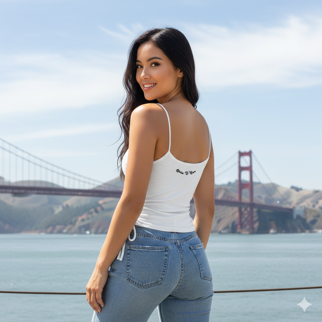 Woman in a white tank top and blue jeans standing in front of the Golden Gate Bridge.