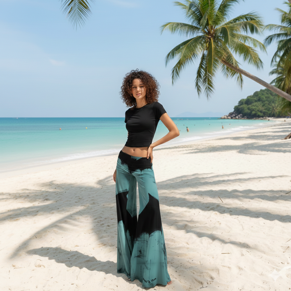 Woman in black top and teal bat woman pants standing on a sandy beach with palm trees and clear blue water.
