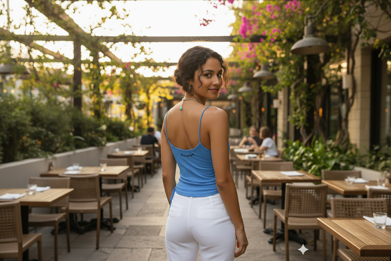 Woman in a blue top and white pants standing in an outdoor restaurant setting