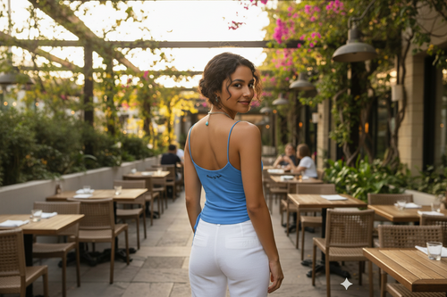Woman in a blue top and white pants standing in an outdoor restaurant setting