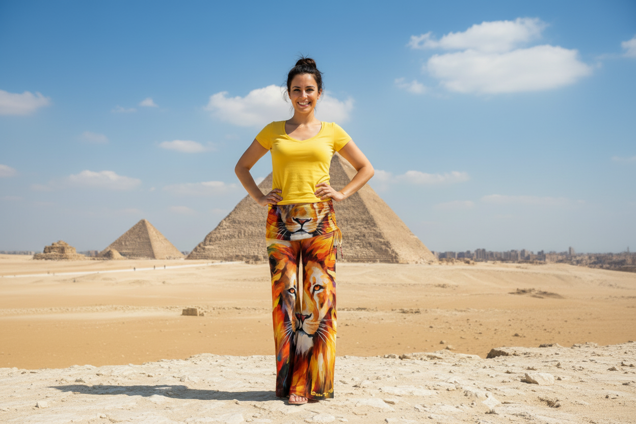 Woman in a yellow top and tiger-patterned pants standing in front of pyramids