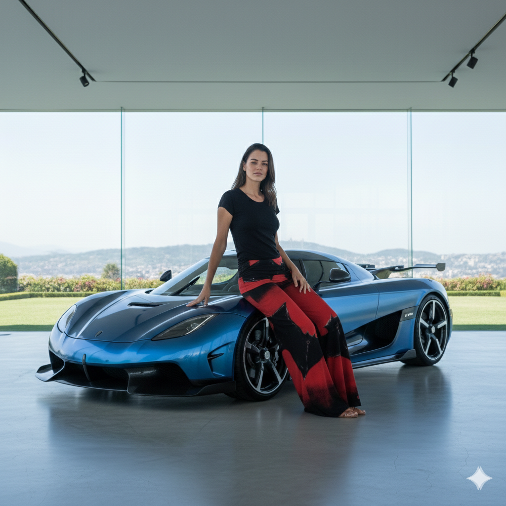 Woman wearing a red bat woman pants posing next to a blue sports car in a modern indoor setting