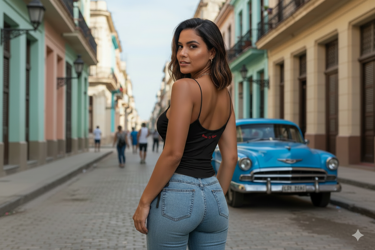 Woman in black top and blue jeans standing on a street with a vintage car in the background