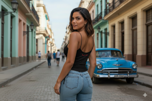 Woman in black top and blue jeans standing on a street with a vintage car in the background