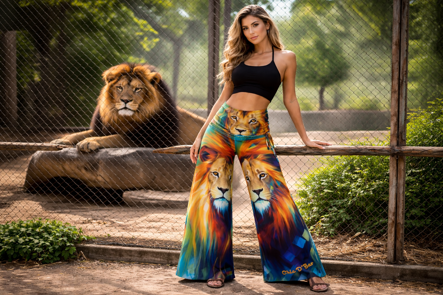 Woman wearing colorful lion-patterned pants standing next to a lion in a zoo enclosure.
