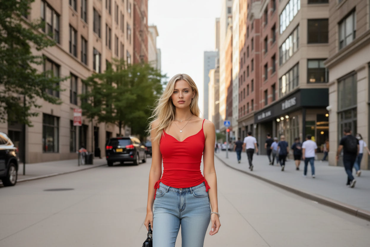 Woman in a red top and blue jeans standing on a city street.