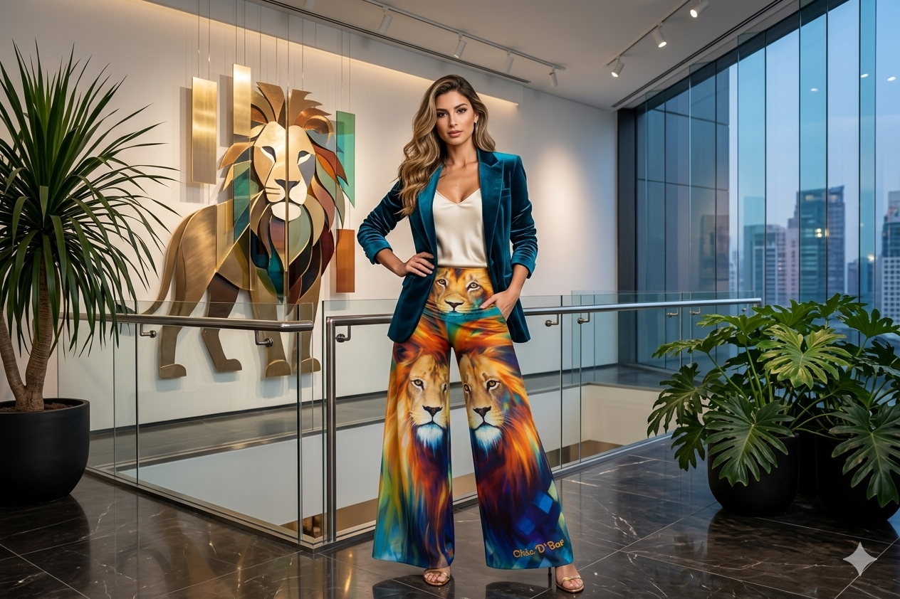 A woman with lion design pants in a building house with a lion design of gold and glass int he background on the wall