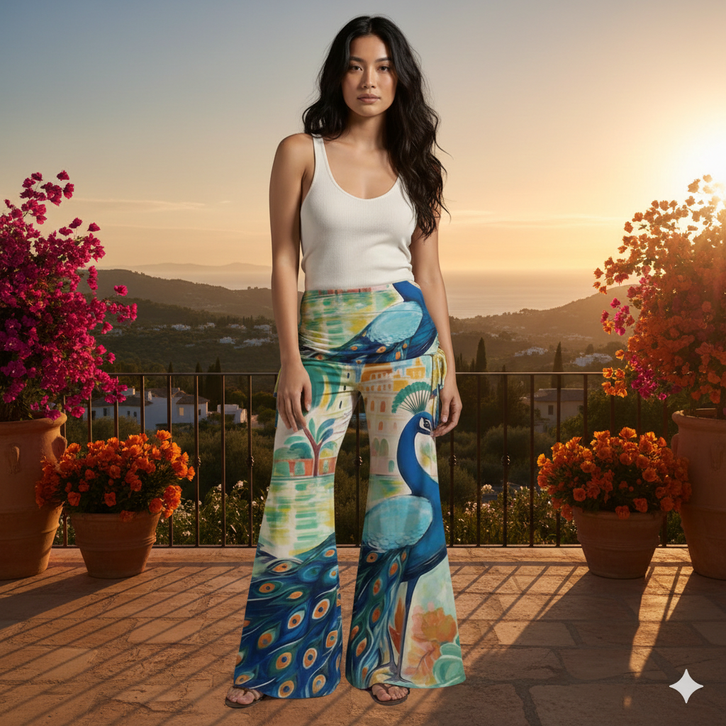 Woman wearing peacock-patterned pants standing on a balcony with sunset view