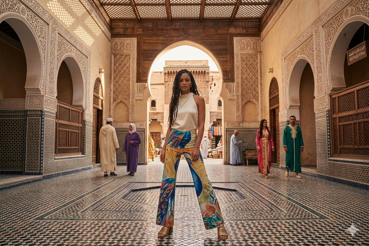 A woman wearing the peacock design pants in a muslim temple