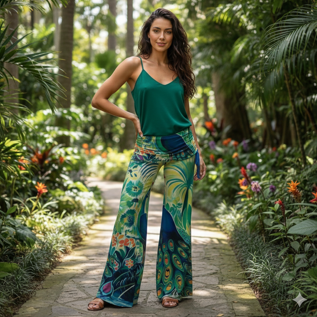 Woman in a green top and colorful peacock pants design standing in a lush garden.