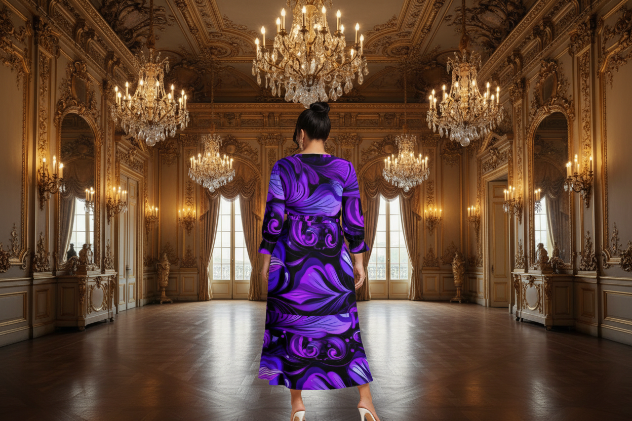 Woman in a purple dress standing in an opulent room with chandeliers.