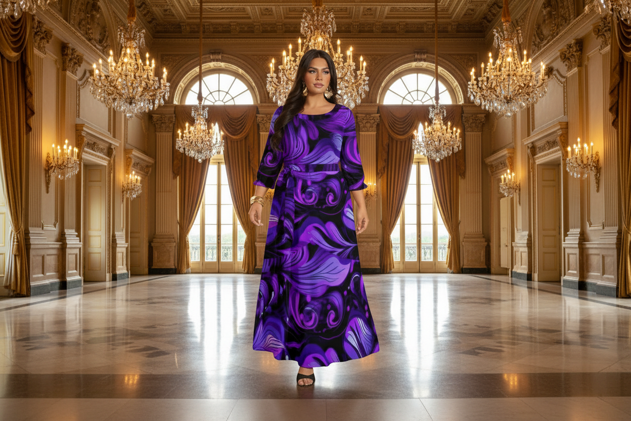 Woman wearing a purple and black patterned dress in a ballroom