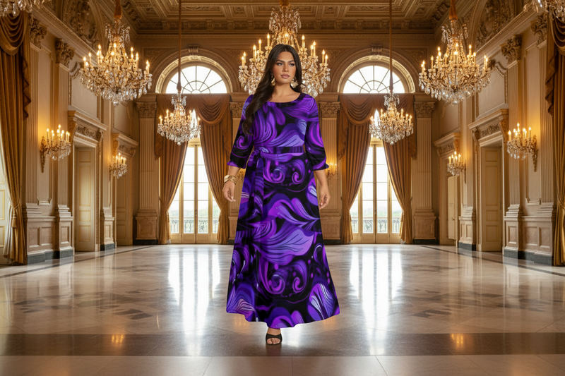 Woman wearing a purple and black patterned dress in a ballroom