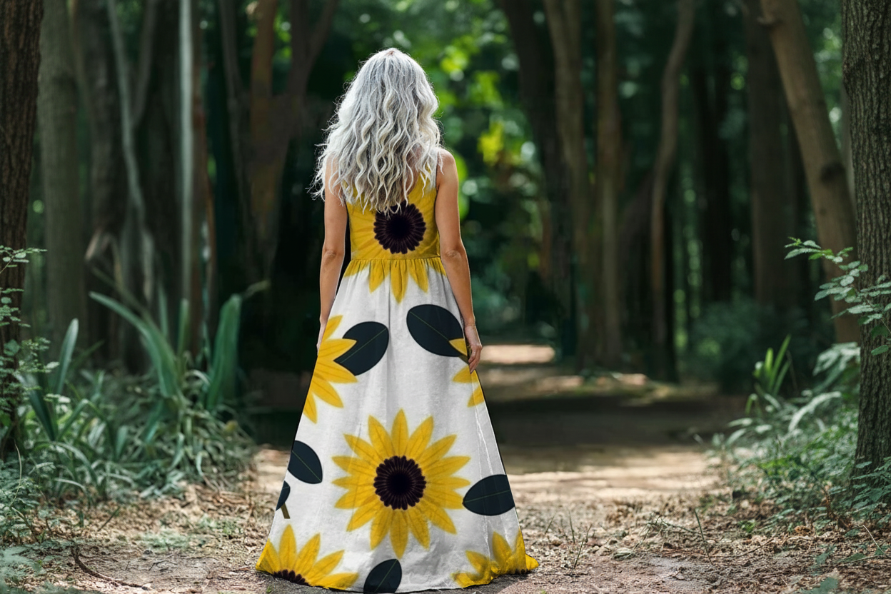 A woman with a sun flower sleeveless maxi dress in the forest