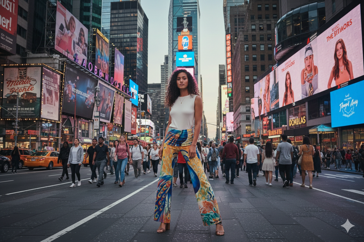 Woman standing in a busy city street with colorful peacock design pants and a white top, surrounded by tall buildings and billboards.