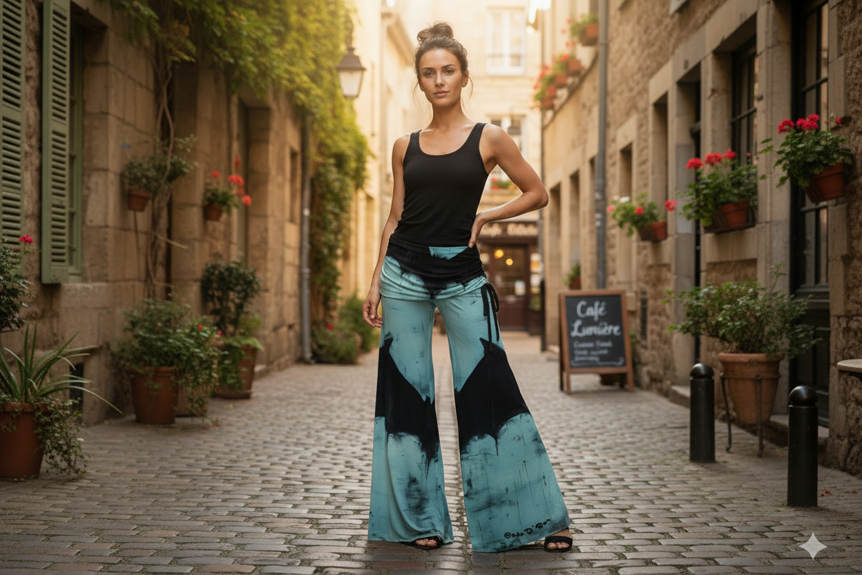 Woman wearing a black tank top and blue tie-dye bat woman pants standing on a cobblestone street.