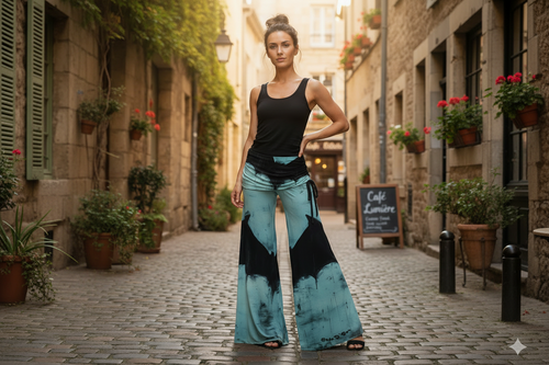 Woman wearing a black tank top and blue tie-dye bat woman pants standing on a cobblestone street.
