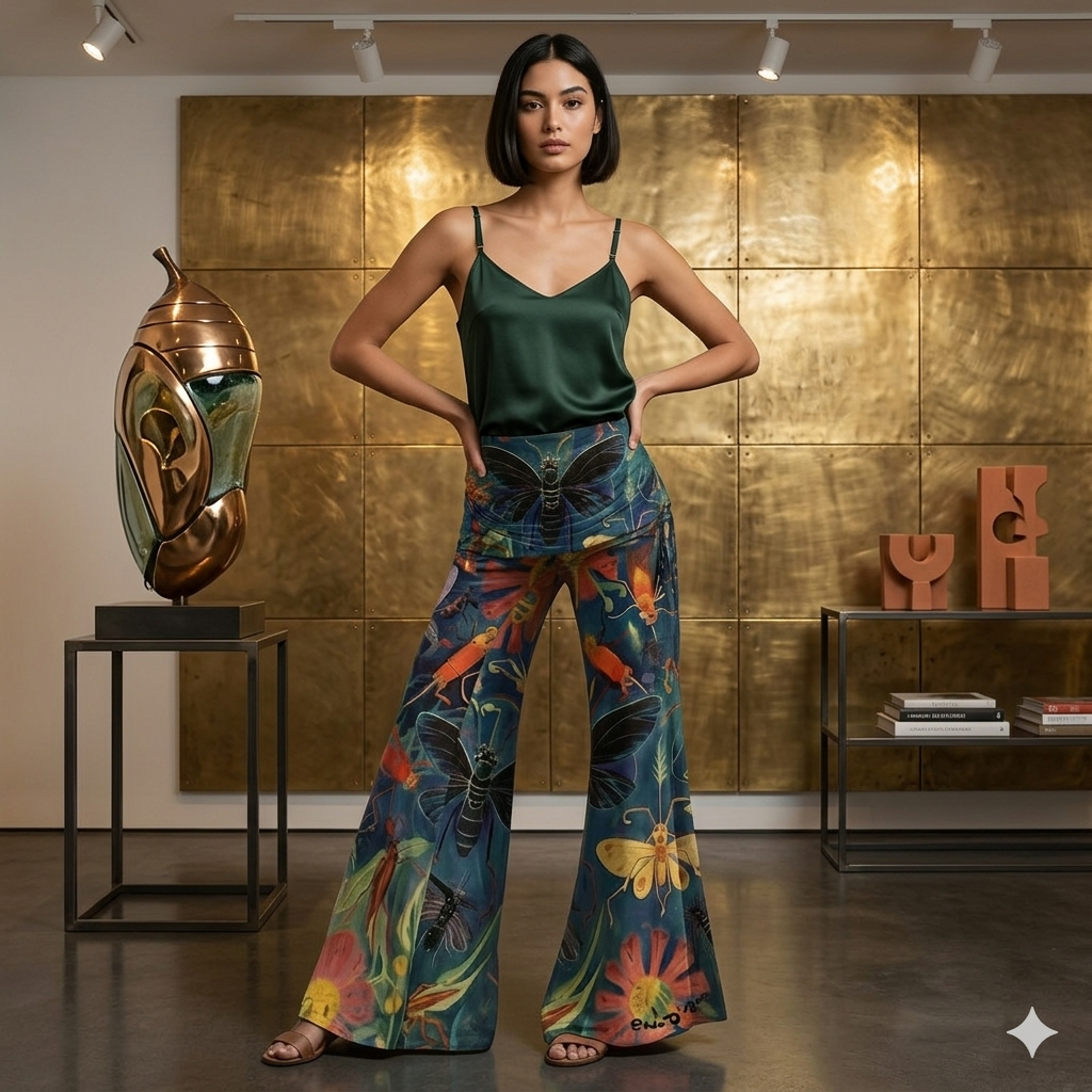 A woman with the blue butterfly design pants in a living room with a gold wall.