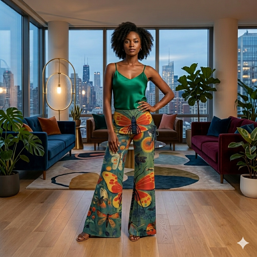 A woman with the green butterfly pants and green top shirt in a city apartment.